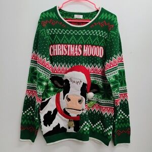 Holiday‎ Time Christmas Mood Cow Santa Hat Bell Ugly Sweater Green Red M 38-40